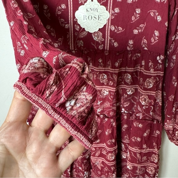 Knox Rose Red Floral Womens Long Sleeve Dress bohemian V-neck above knee - Picture 5 of 10